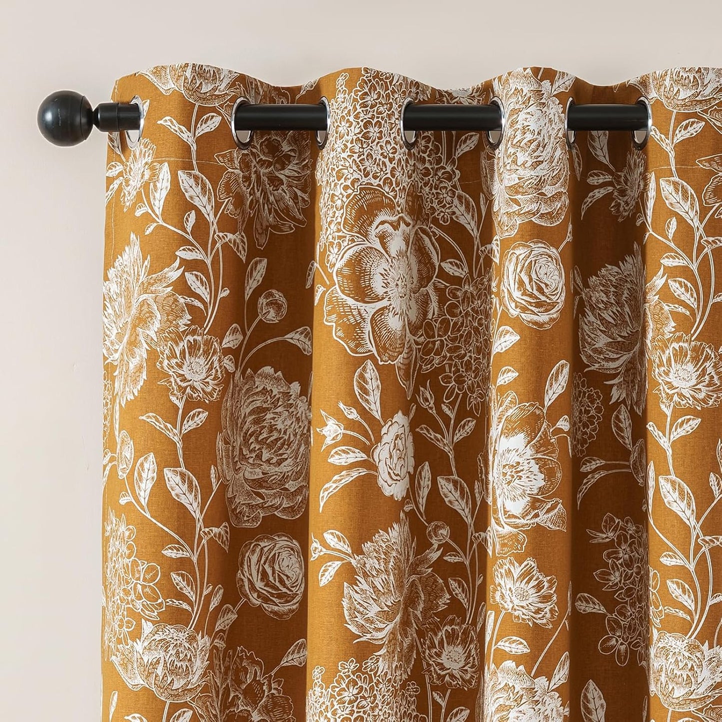 Floral Blackout Curtains 63 Inch Length 2 Panels, Vintage Peony Pattern Curtains for Bedroom Living Room, Light Blocking Thermal Curtains, Grommet Top, Mustard Yellow, 52 x 63