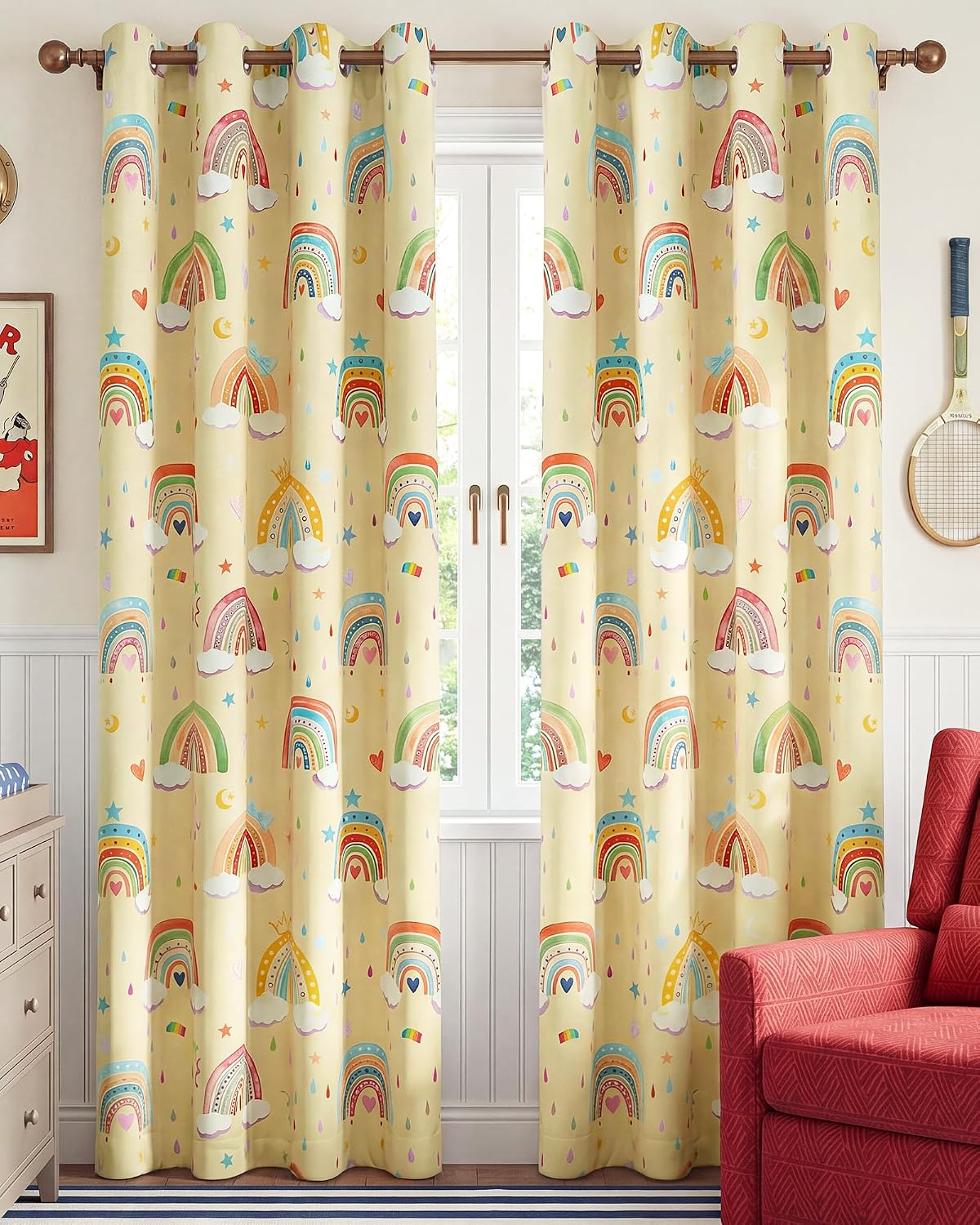 NICETOWN 100% Blackout Rainbow Yellow Curtains, Cartoon Grommet Window Drapes for Kids Bedroom Nursery, Thermal Insulated Room Darkening Treatments, 2 Panels, 52" x 84", Paler Yellow