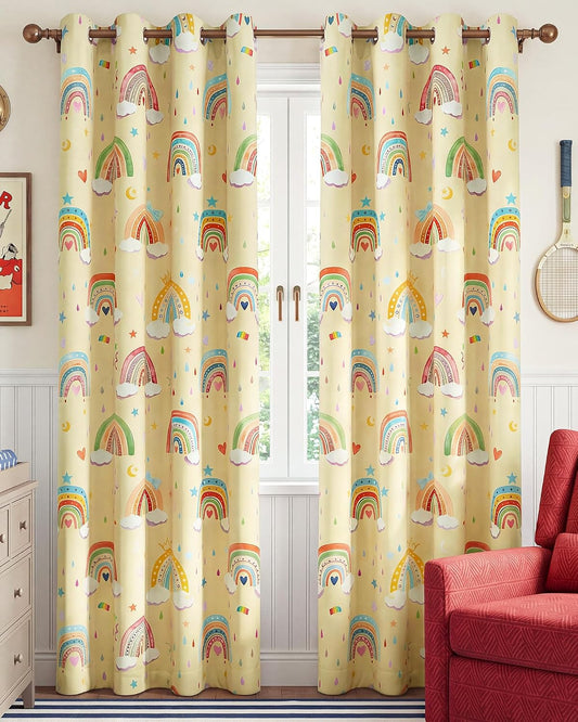 NICETOWN 100% Blackout Rainbow Yellow Curtains, Cartoon Grommet Window Drapes for Kids Bedroom Nursery, Thermal Insulated Room Darkening Treatments, 2 Panels, 52" x 84", Paler Yellow