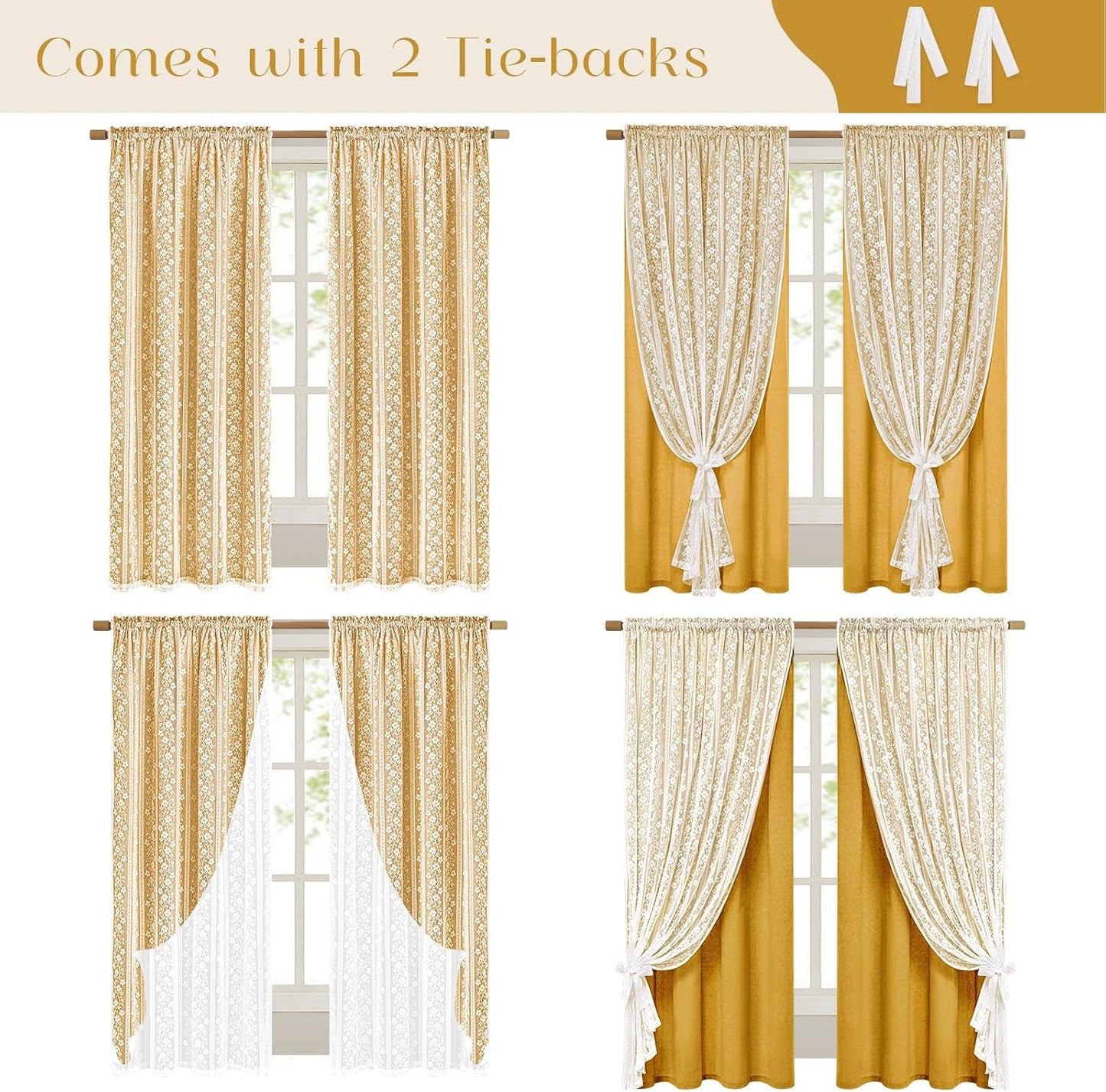 ASPMIZ Linen Curtains for Living Room Double Layer Curtains with Linen Lace, Mustard Yellow Bedroom Curtain Light Filtering, Rod Pocket Drapes 84 Inch Length 2 Panels Set with 2 Tiebacks, 52x84