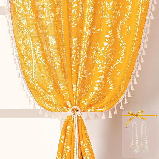Yinhua Boho Curtains for Living Room 84 Inch Length Vintage Linen Yellow Curtains for Bedroom Light Filtering Floral Window Curtain Rod Pocket & Back Tabs Farmhouse Rustic Tassel Drapes with Tiebacks