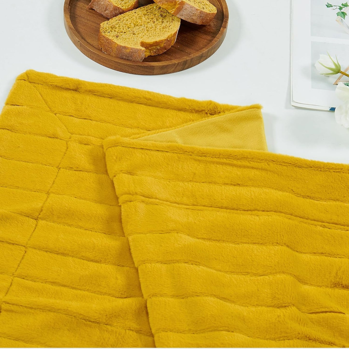 Home Soft Things Rabbit Faux Fur Throw Blanket (50" x 60") and 2 Pillow Covers (18" x 18")，3 Piece Lemon Curry Throw Pillow Set，Decorative Throw Blankets for Couch Bed Living Room