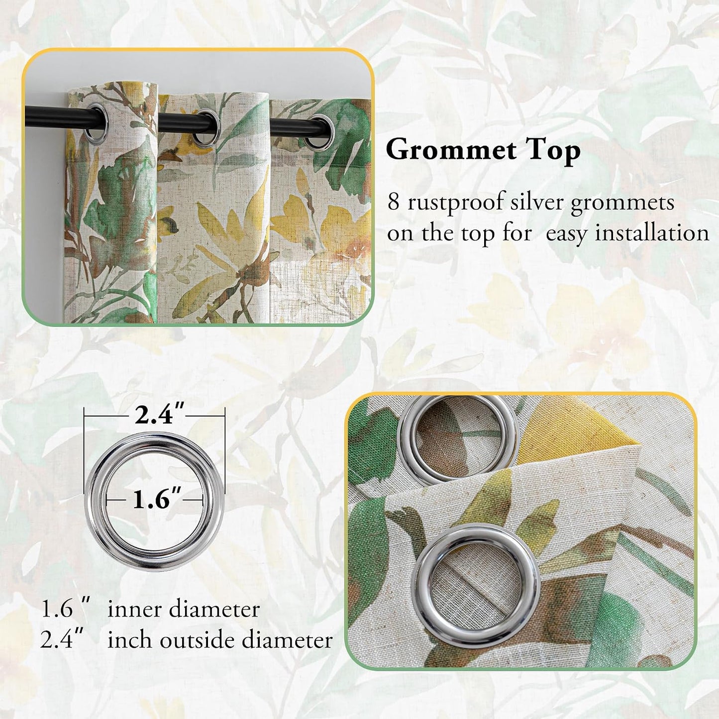 MYSKY HOME Floral Curtains 63 Inch Length Semi Sheer Drapes for Living Room Bedroom, Flower Printing Window Treatment Grommet 2 Panels，Yellow and Natural