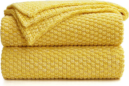 Longhui bedding 100% Cotton Knitted Throw Blanket – Yellow, Soft & Cozy, Machine Washable, 51"x63" – Perfect for Living Room, Couch, Sofa, Bed or Travel