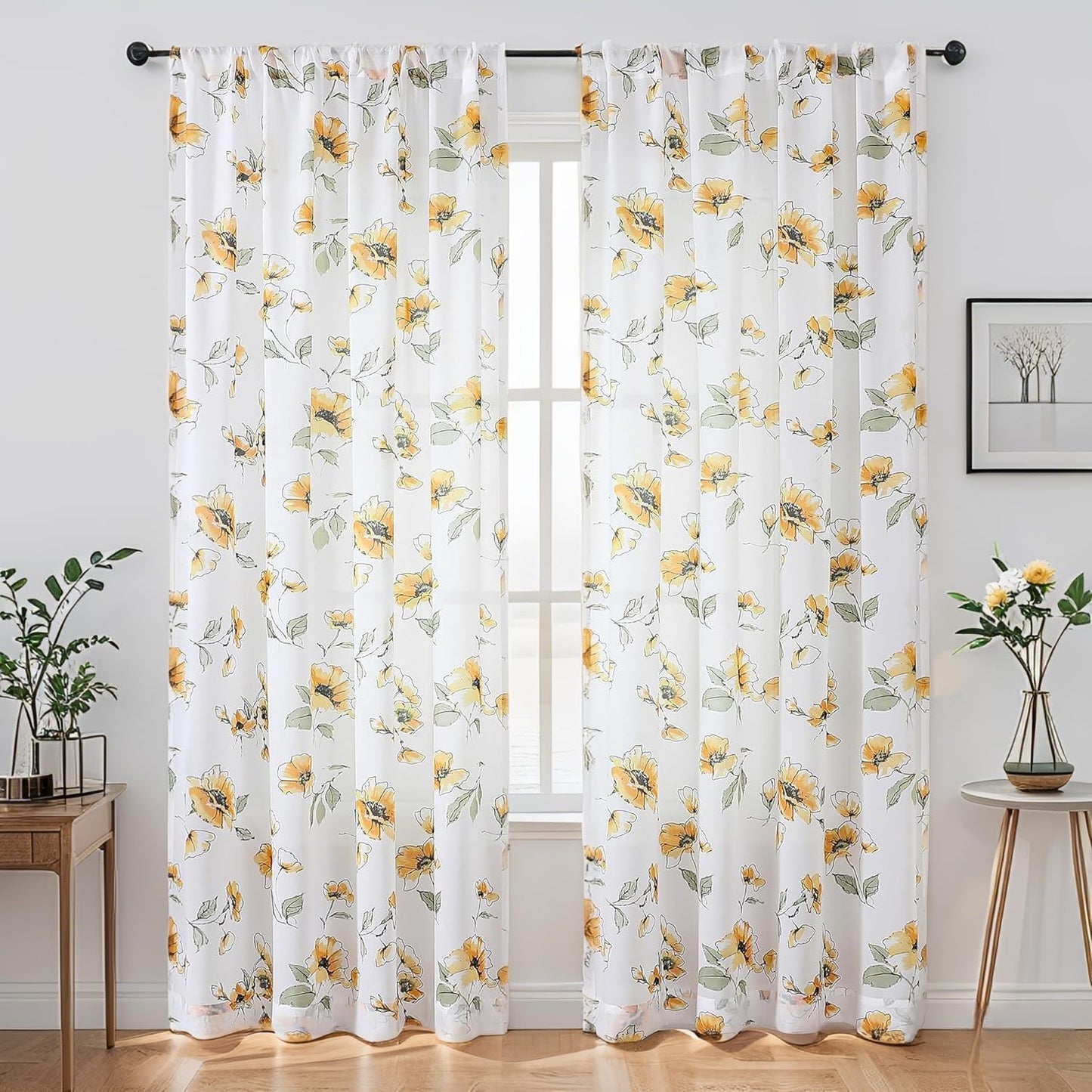 Yellow Floral Sheer Curtains 84 inches Long for Living Room, Silky-Smooth Chiffon Privacy Semi Sheer Drapes Chinoiserie WildFlower Patterned Window Curtains 2 Panel Sets for Bedroom, Yellow and White