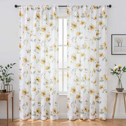 Yellow Floral Sheer Curtains 84 inches Long for Living Room, Silky-Smooth Chiffon Privacy Semi Sheer Drapes Chinoiserie WildFlower Patterned Window Curtains 2 Panel Sets for Bedroom, Yellow and White