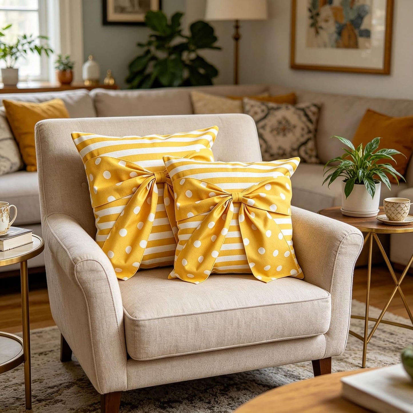 Yellow Big Bows Throw Pillow Covers Set of 2, Linen Pillow Covers with Striped Polka Dot Print, Spring Summer Decorative Cushion Cases for Safa Couch Home Decor, Yellow-Dot, 18X18 Inch