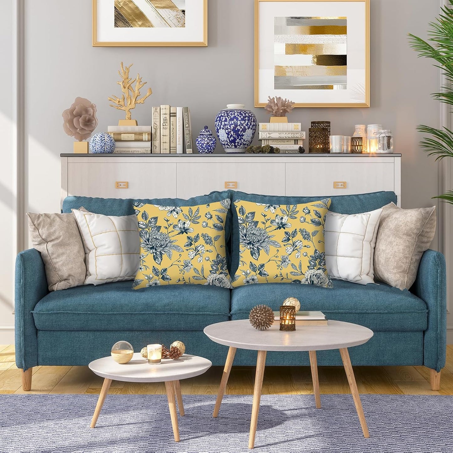 Floral Toile Throw Pillow Covers 18x18 inch Set of 2 Yellow Chinoiserie Flowers Pillow Cases French Country Spring Decorative Cushion Covers for Sofa Couch