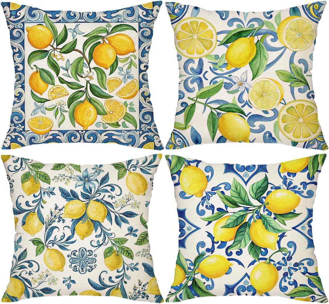 Pack of 4, Decorative Lemon Print Throw Pillow Cover, 18x18 inch, 100% Polyester, Hidden Zipper, Mediterranean Blue Border