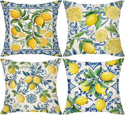 Pack of 4, Decorative Lemon Print Throw Pillow Cover, 18x18 inch, 100% Polyester, Hidden Zipper, Mediterranean Blue Border