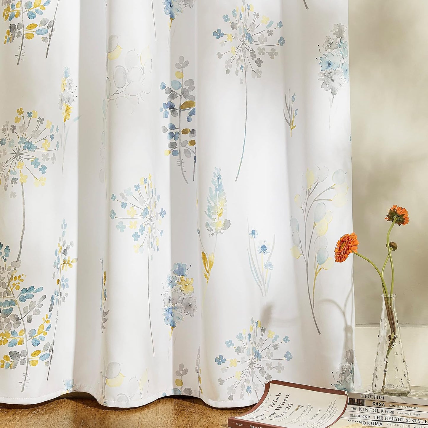 XTMYI Yellow and Blue Floral Spring Curtains for Living Room, Pretty Ditsy Flower Printed Drapes, Summer Decorative Patterned Semi Blackout Window Panels for Sunroom Sliding Glass Door, 52" W x 84" L