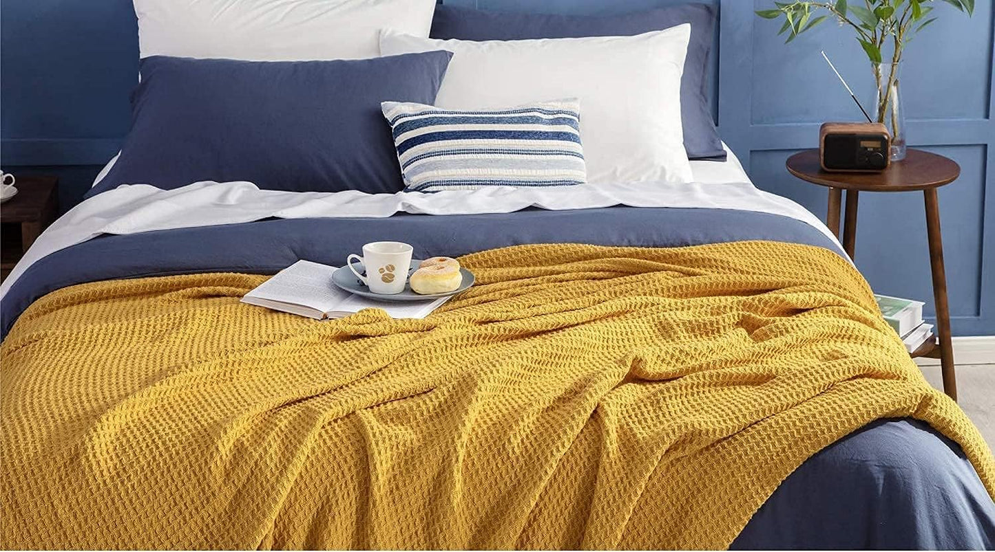 Luxurious Combed Cotton Waffle Weave Super Soft, Cozy Warm, Breathable, Light Weight, Stylish, All Season Thermal Blankets Twin/Full/Queen/King (Mustard Yellow, Full/Queen)