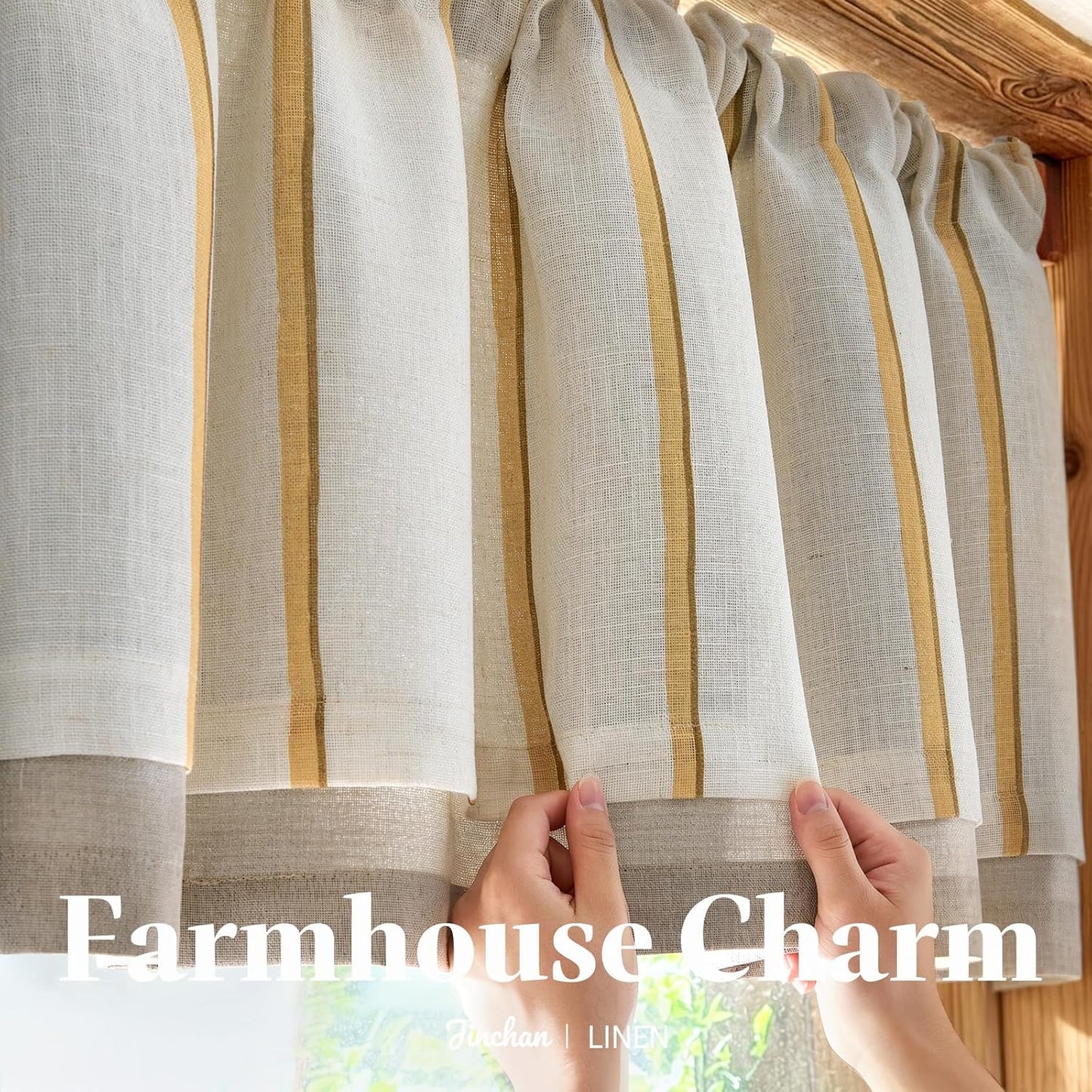 jinchan Linen Valance Kitchen Curtain Light Filter Double Layer 18 Inch | Light filtering kitchen valance,yellow striped pattern on linen background,bringing rustic farmhouse style