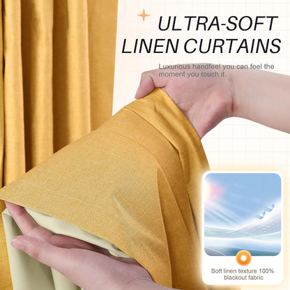 Etherealveil 100% Blackout Linen Curtains 52x96 inches-2 Panels, Mustard Yellow Rod Pocket & Back Tab Drapes Soundproof Thermal Insulated for Living Room Bedroom Patio Door 52" W x 96" L
