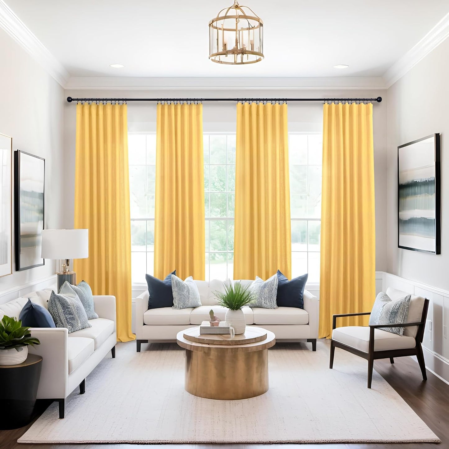 Mrs.Naturall Lemon Yellow Curtains 45 Inch Length for Kitchen, Sunflower Decor Rod Pocket Short Semi Sheer Bright Curtains for Bathroom Window
