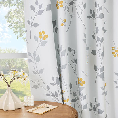 Beauoop Floral 100% Blackout Curtains 84 Inches Long 2 Panels for Bedroom Living Room Yellow Grey and White Flower Patterned Room Darkening Thermal Soundproof Grommet Window Treatments Drapes, 52X84
