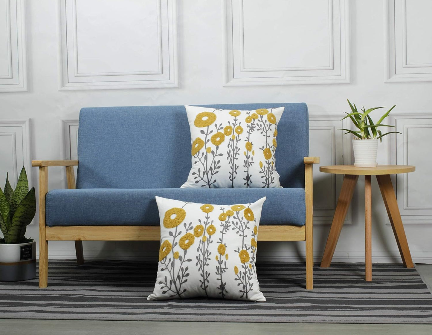 Mustard Yellow Flora Throw Pillow Covers Fall Decorative Pillowcase 18x18 Embroidered Cushion for Home Living Room Farmhouse Couch Sofa Picnic 2 Pcs