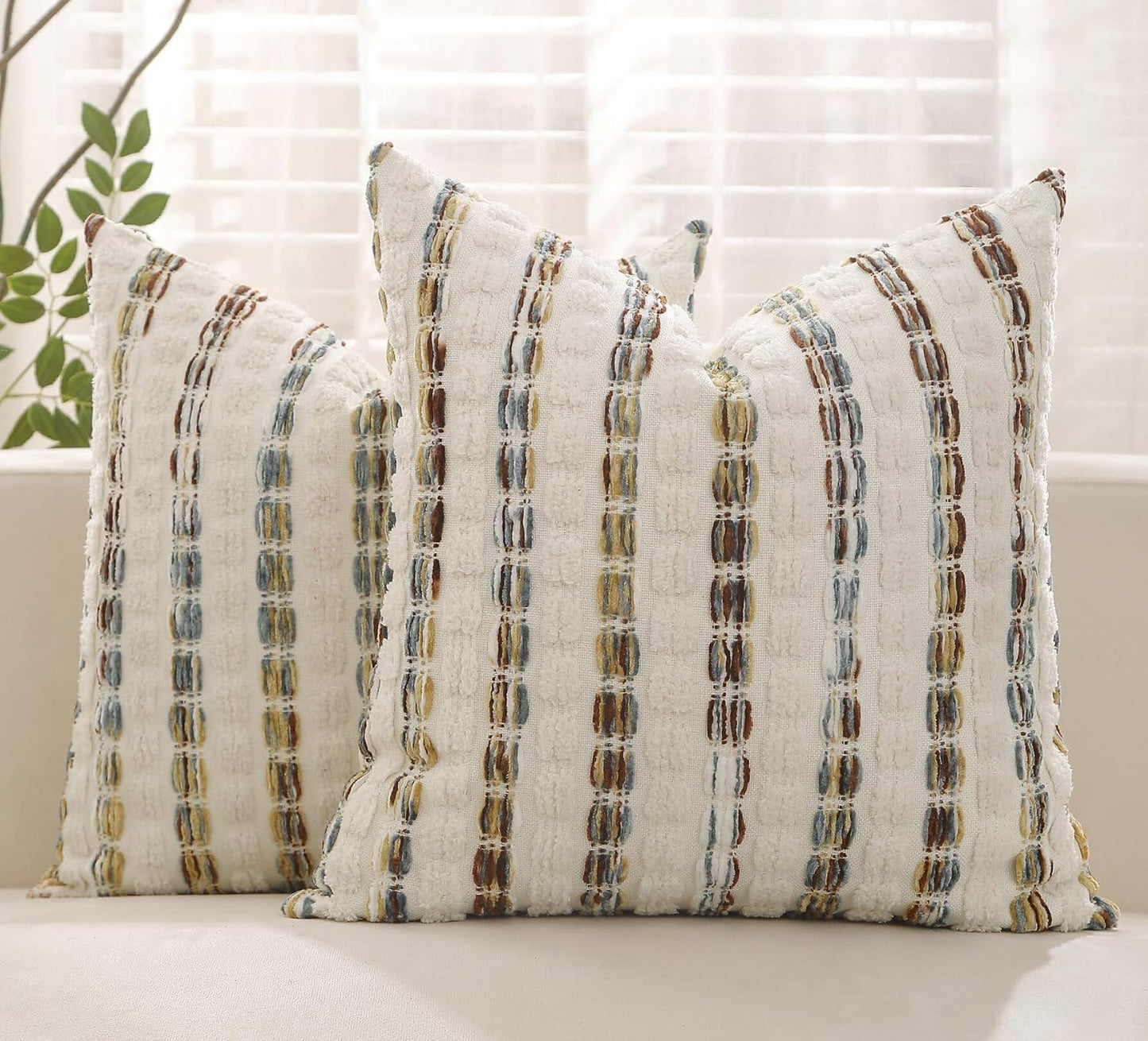 Pillow Covers 20x20 Set of 2 Yellow Striped Throw Pillow Covers Chenille Decorative Pillows Square Cushion Cover for Sofa Couch Bed Living Room Winter Decoratives.