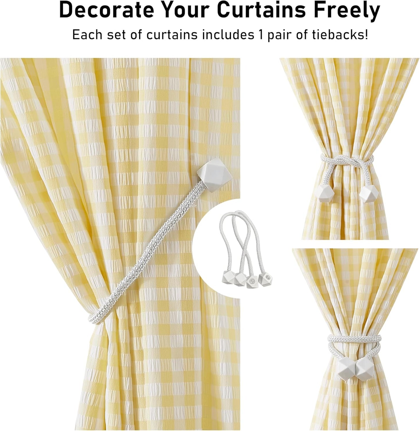 ZJDECOR 84 Inches Yellow White Buffalo Plaid Curtains,Farmhouse Crinkled Not-See-Through Sheer Window Treatment for Bedroom Living Room Nursery,Rod Pocket,Tiebacks Included,52" Wx84 L(Pack of 2)