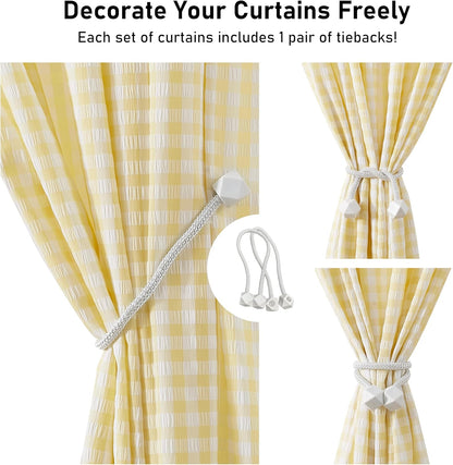 ZJDECOR 84 Inches Yellow White Buffalo Plaid Curtains,Farmhouse Crinkled Not-See-Through Sheer Window Treatment for Bedroom Living Room Nursery,Rod Pocket,Tiebacks Included,52" Wx84 L(Pack of 2)