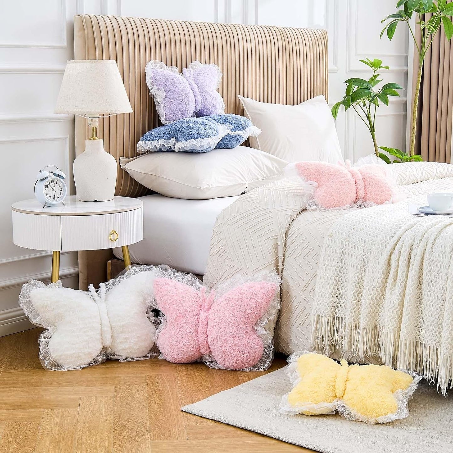 XVTRU Butterfly Pillow Yellow Decorative Pillows 15" Butterfly Shaped Cute Throw Pillows with Lace Aesthetic Bow Plush Cushion for Room Decor Bed Sofa Couch