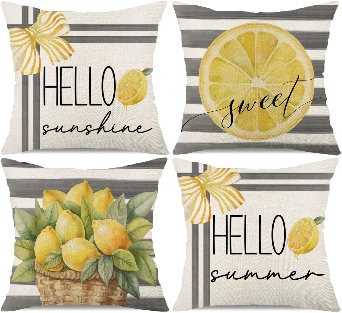 Pillow Covers 18x18 Set of 4 Grey Stripe Lemon Sweet Hello Sunshine Summer Throw Pillows Decorative Cushion Cases Summer Decorations Farmhouse Decor for Home Decor (18''x18'', Yellow)