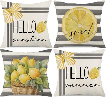 Pillow Covers 18x18 Set of 4 Grey Stripe Lemon Sweet Hello Sunshine Summer Throw Pillows Decorative Cushion Cases Summer Decorations Farmhouse Decor for Home Decor (18''x18'', Yellow)