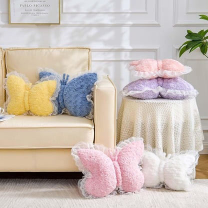 XVTRU Butterfly Pillow Yellow Decorative Pillows 15" Butterfly Shaped Cute Throw Pillows with Lace Aesthetic Bow Plush Cushion for Room Decor Bed Sofa Couch