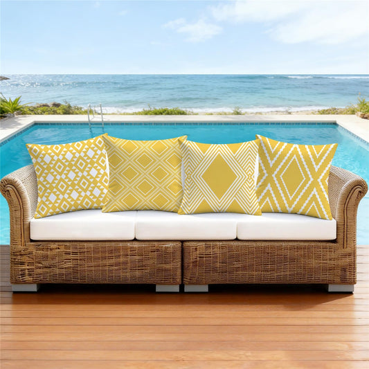 NIGHTWISH Outdoor Waterproof Pillow Covers 18x18 Set of 4 Yellow and White Modern Geometry Decorative Outdoor Throw Pillows Boho Cushion Cases for Patio Furniture Bench Couch Sunbrella