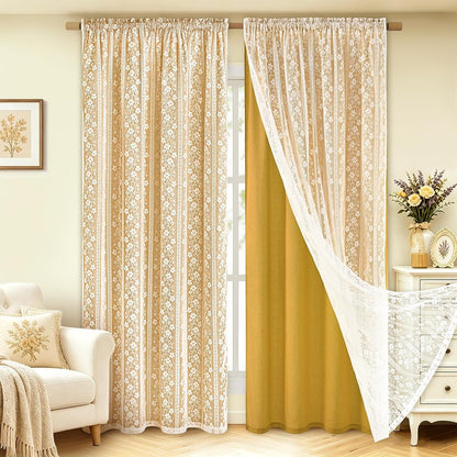 ASPMIZ Linen Curtains for Living Room Double Layer Curtains with Linen Lace, Mustard Yellow Bedroom Curtain Light Filtering, Rod Pocket Drapes 63 Inch Length 2 Panels Set with 2 Tiebacks, 52x63