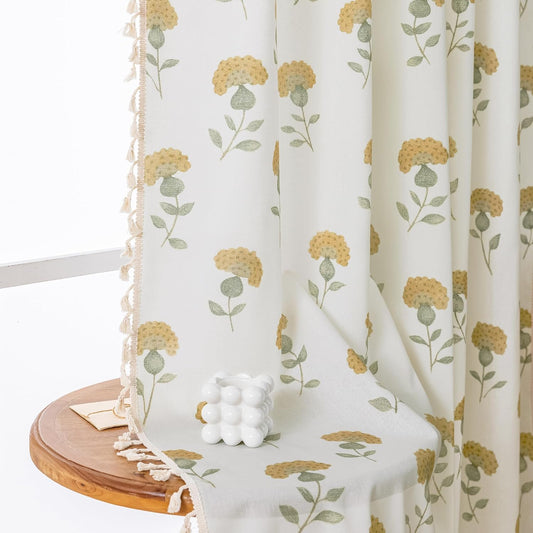 Mustard Yellow Floral Curtains 84 Inch Length for Bedroom Boho Linen Farmhouse Curtains for Living Room Vintage Blossom Patterned Rod Pocket Semi Sheer Window Treatments Drapes 2 Panels
