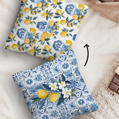 kdqua Italian Lemon Pillow Covers 18x18, Mediterranean Lemon Decorations Throw Pillow Cover, Blue and White Amalfi Coast Summer Fruit Pillowcase Covers for Sofa Home Decor
