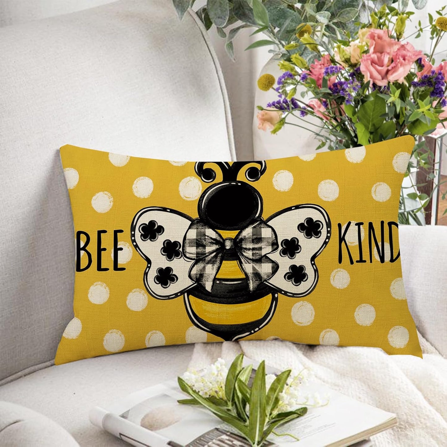 Fahrendom Spring Honey Bee Kind Lumbar Decorative Rectangle Pillow Cover 12 x 20, Summer Bumble Bee Yellow Porch Patio Outdoor Pillowcase, Polka Dots Seasonal Sofa Couch Cushion Case Home Decor