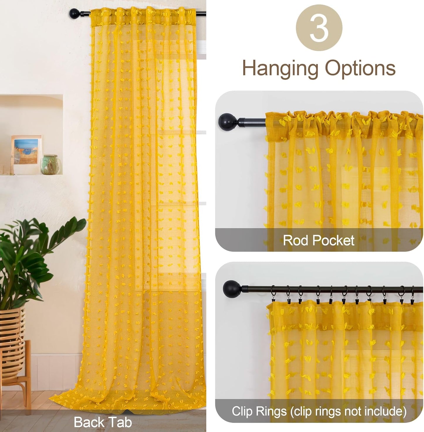 Mustard Yellow Sheer Curtains 84 Inch Length 2 Panels for Spring Living Dining Room Bedroom Boho Farmhouse Gold Semi Sheer Pom Poms Tufted Curtain 84 Inches Long for Nursery Girls Kids Room Back Tab