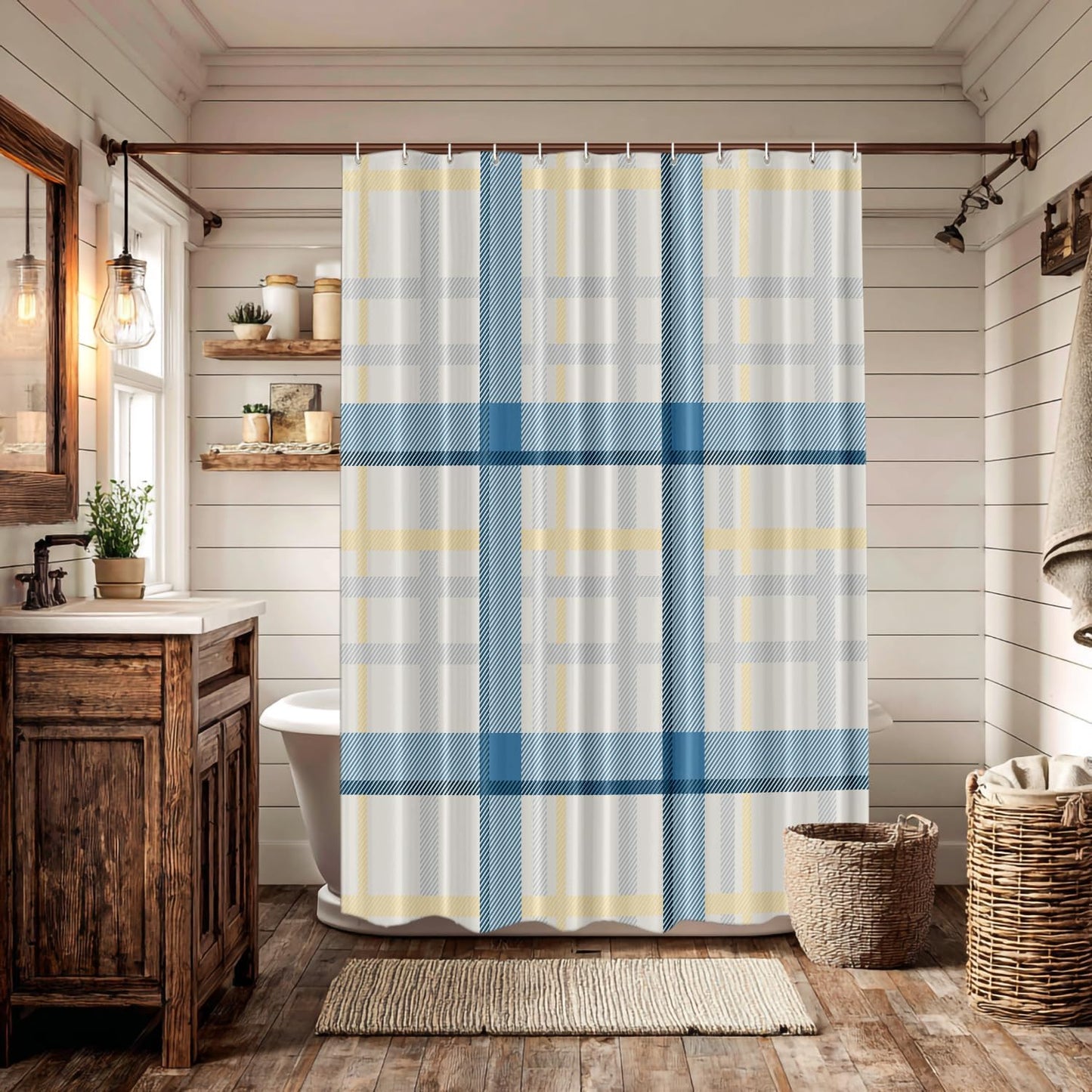 Batmerry Plaid Blue Decor Shower Curtain, Yellow Gingham Check Plaid Pattern Bathroom Decor Polyester Fiber Plastic Rings Quick-Drying Waterproof for Bathtubs/Bathroom, 72X72 Inches