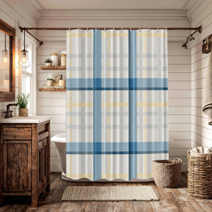 Batmerry Plaid Blue Decor Shower Curtain, Yellow Gingham Check Plaid Pattern Bathroom Decor Polyester Fiber Plastic Rings Quick-Drying Waterproof for Bathtubs/Bathroom, 72X72 Inches