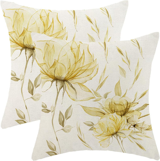 Spring Summer Pillow Covers 18x18 Set of 2 Vintage Yellow Floral Throw Pillow Covers Outdoor Decoration Boho Flower Pillowcase Farmhouse Decorative Square Linen Cushion Cover for Sofa Couch