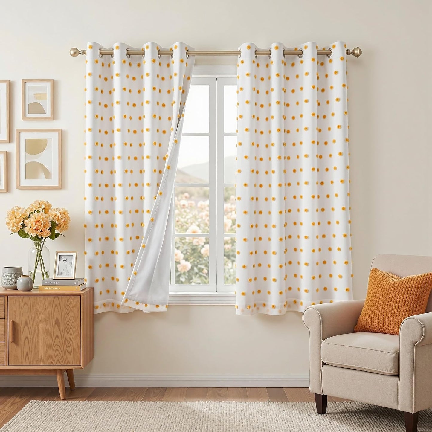 MEETSKY 100% Blackout Curtains for Girls Bedroom 63 Inch Length 2 Panels,Total Light Blocking Yellow White Pom Pom Curtains for Kids Room Darkening Window 2 Layered Drapes, Mustard Yellow, 52W x 63L