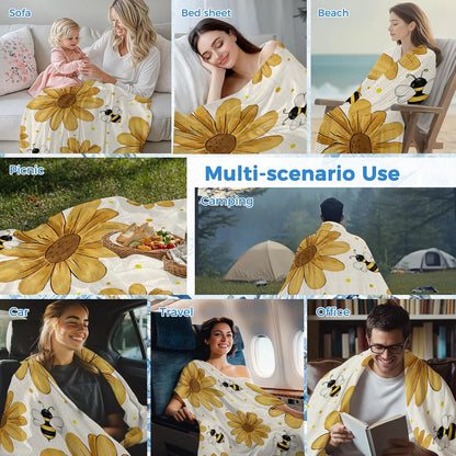 Cooling Blanket for Hot Sleepers, Yellow Daisy Farmhouse Lightweight Breathable Summer Blanket, Garden Floral Honeybees Burlap Double-Side Cool Throw Blankets for Sleeping Travel, 50"x60"