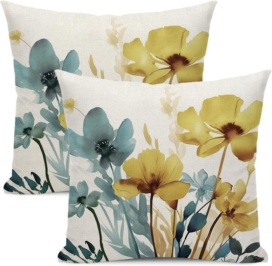 Spring Floral Pillow Covers 18x18 Inch Set of 2 Blue Yellow Floral Throw Pillow Cover Outdoor Modern Summer Flower Decoration Pillowcase Farmhouse Decorative Linen Cushion Cover For Sofa Couch