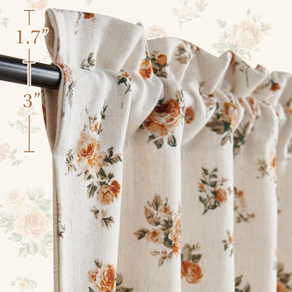 StangH Linen Floral Valance Kitchen Curtains 18 Inches,Printed Double Layer Valance Living Room Laundry Room Darkening Farmhouse Vintage Flower Window Treatment,Yellow,W52 x L18,1 Panel