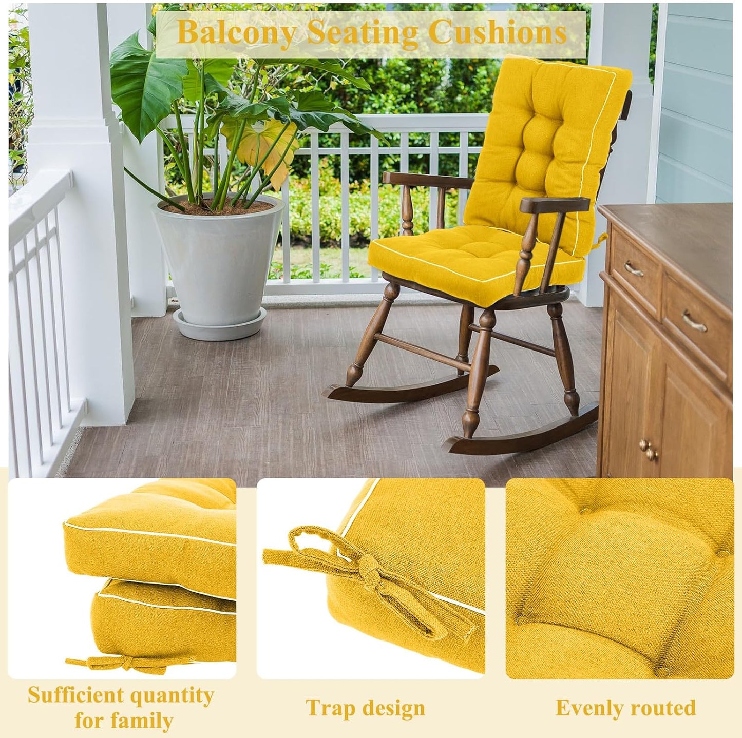 Juexica 4 Sets Outdoor Patio Cushions High Back Outdoor Chair Cushions Rocking Cushion Patio Fastness Chair Pads with Ties for Seasonal Indoor Home Office(Yellow,16 x 16 x 3.5)