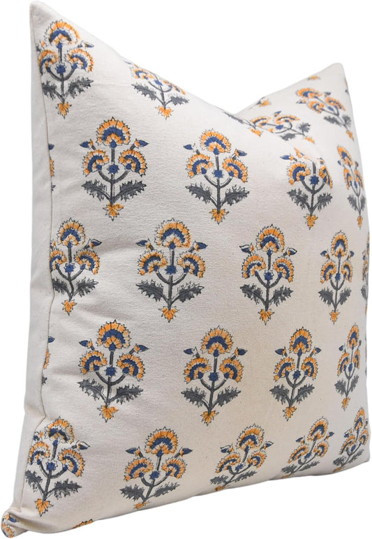 Thick Cotton Fabric Vintage Handmade Block Floral Print 14x14 Inch Invisible Zipper Throw Pillowcase Cushion Cover Decoration for Sofa, Couch, Bedroom (Traffic Light-Yellow)