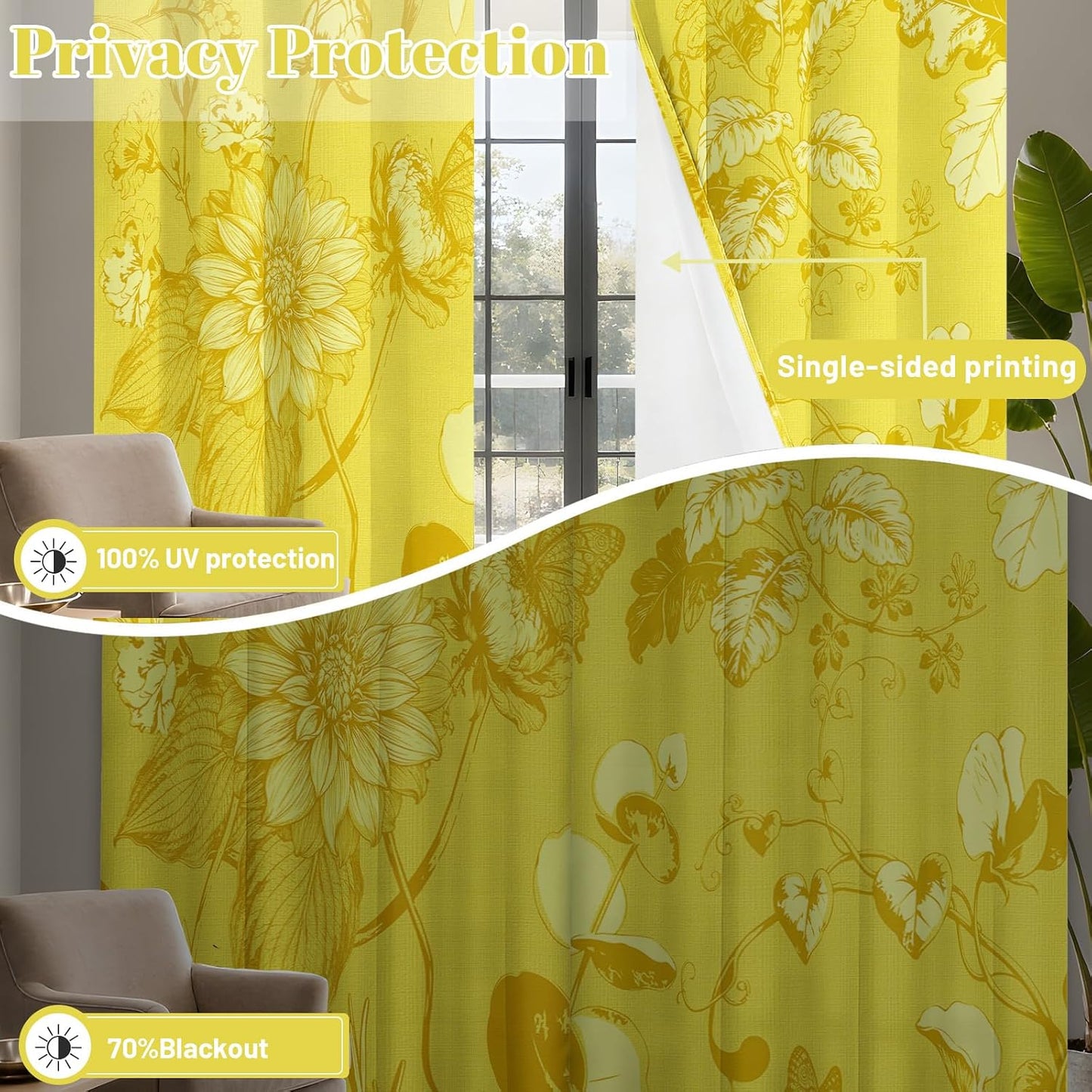 Mustard Yellow Vintage Botanical Blackout Curtains Patterned Yellow Floral Window Drapes for Bedroom Living Room, 84 inch Length 2 Panels Set, 52x84 inch