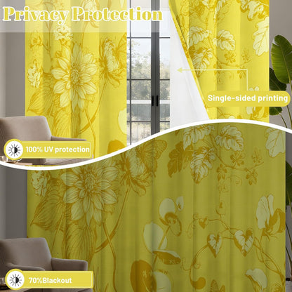 Mustard Yellow Vintage Botanical Blackout Curtains Patterned Yellow Floral Window Drapes for Bedroom Living Room, 84 inch Length 2 Panels Set, 52x84 inch
