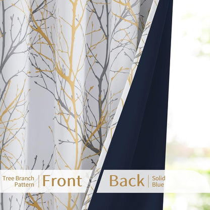 FMFUNCTEX 100% Blackout Curtains for Living Room, Yellow Grey Curtains 63 Inch Length Tree Branch Patterned Curtains for Bedroom, Thermal Insulated Farmhouse Window Treatment, Grommet Top 2 Panels