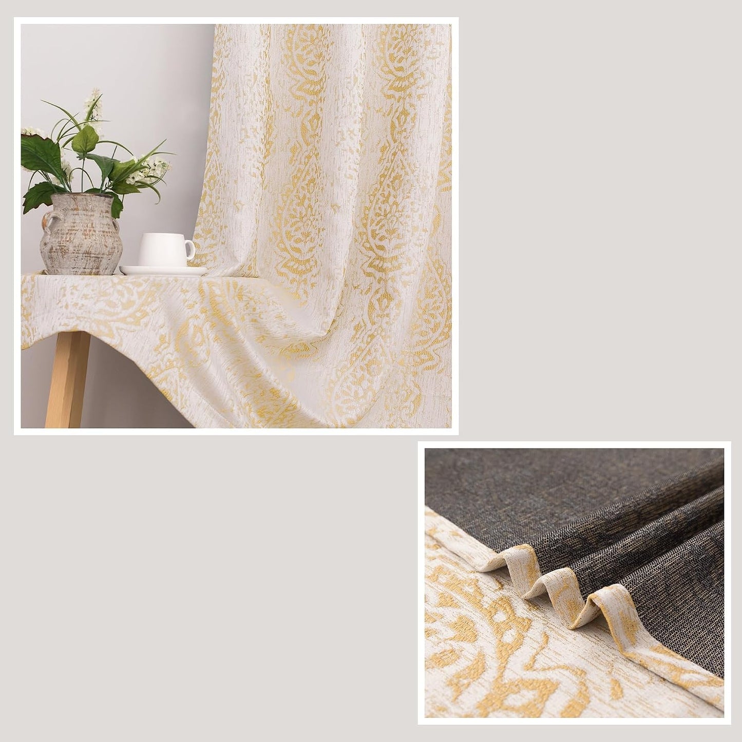 Mrs.Naturall 108 Inch 9FT Farmhouse Room Darkening Curtains, Damask Jacquard Luxury Grommet Drapes for Living Room Bedroom, 2 Panels Set, 9 FT Length 52'' L x 108'' W, Gold Yellow