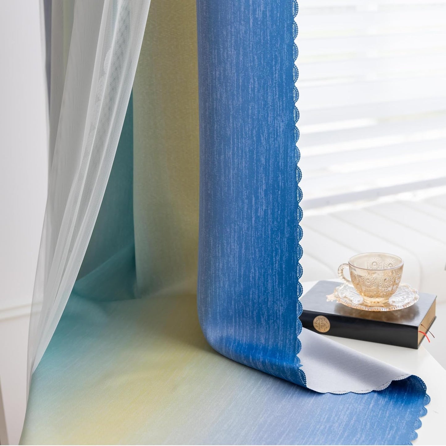 Double Layer Ombre Curtains for Girls Room Girls Bedroom Kids Room Grommets Top 63 Inch Lengt Rainbow Blackout Window Drapes 2 Panels, Yellow & Blue