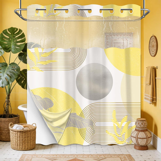 Mustard Yellow and Grey Hookless Shower Curtain with Snap in Liner, Yellow and White No Hook Double Layer Shower Curtain and Liner Set, Waterproof Cloth Fabric, 71" W x 86" L (Pack of 1)