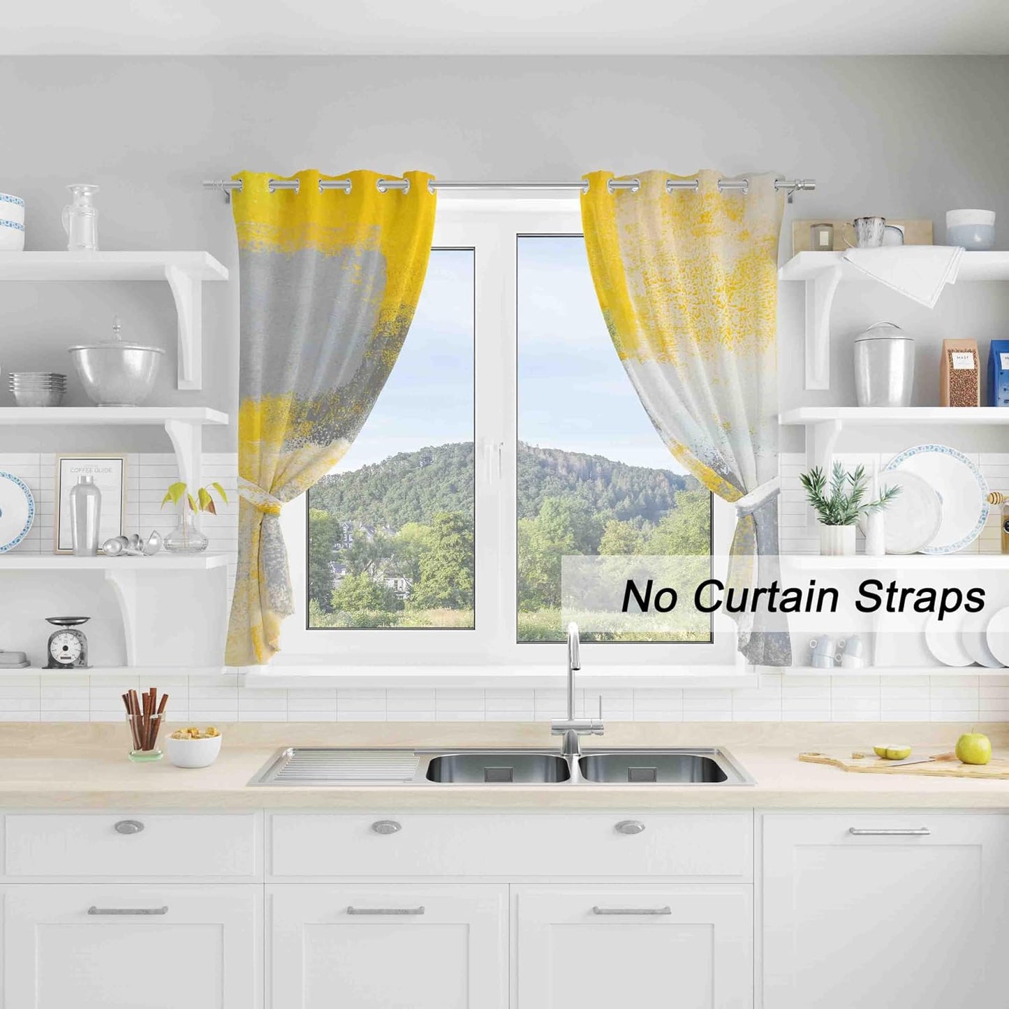 Yellow Window Curtain Yellow Grey Abstract Thermal Insulating Drapes Rust Art Treatment Drapes Modern Curtains for Living Room Bedroom Hotel, 26" x 36", 2 Panels